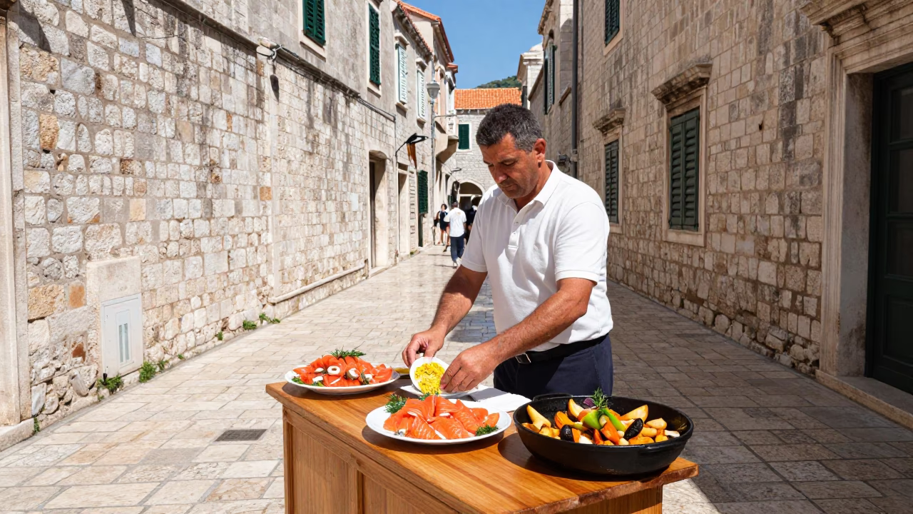 Midday Street Scene in Dubrovnik Croatia with Traditional Food and Local Life in in Dubrovnik, Croatia