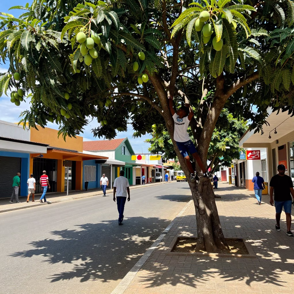 Midday Street Scene in Durban South Africa with Boy Climbing Mango Tree in in Durban, South Africa