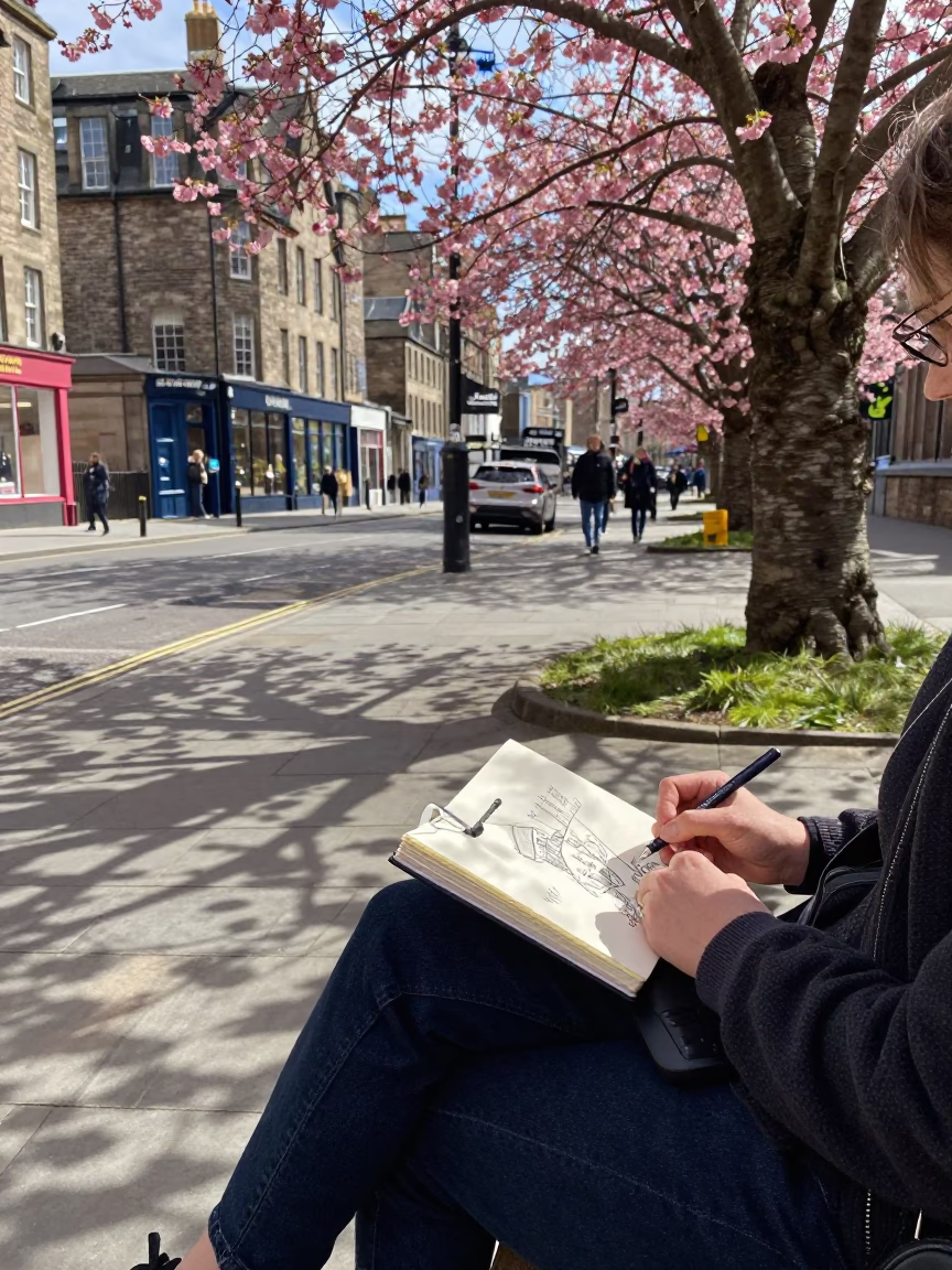 Midday Street Scene in Edinburgh Scotland with Sketchbook and Cherry Trees Near Canal in in Edinburgh, United Kingdom