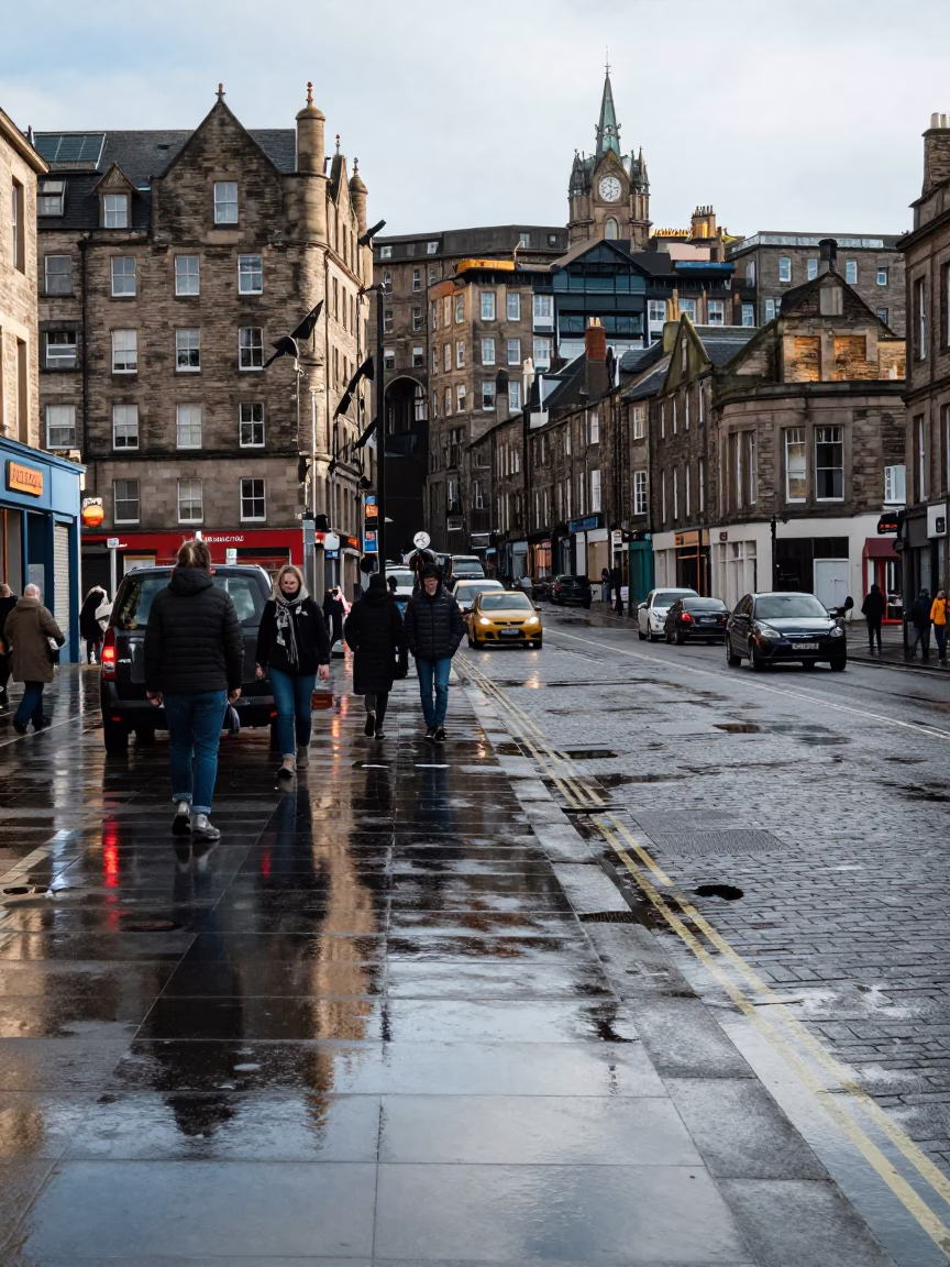 Midday Street Scene in Edinburgh with Reflections and Urban Details in in Edinburgh, United Kingdom