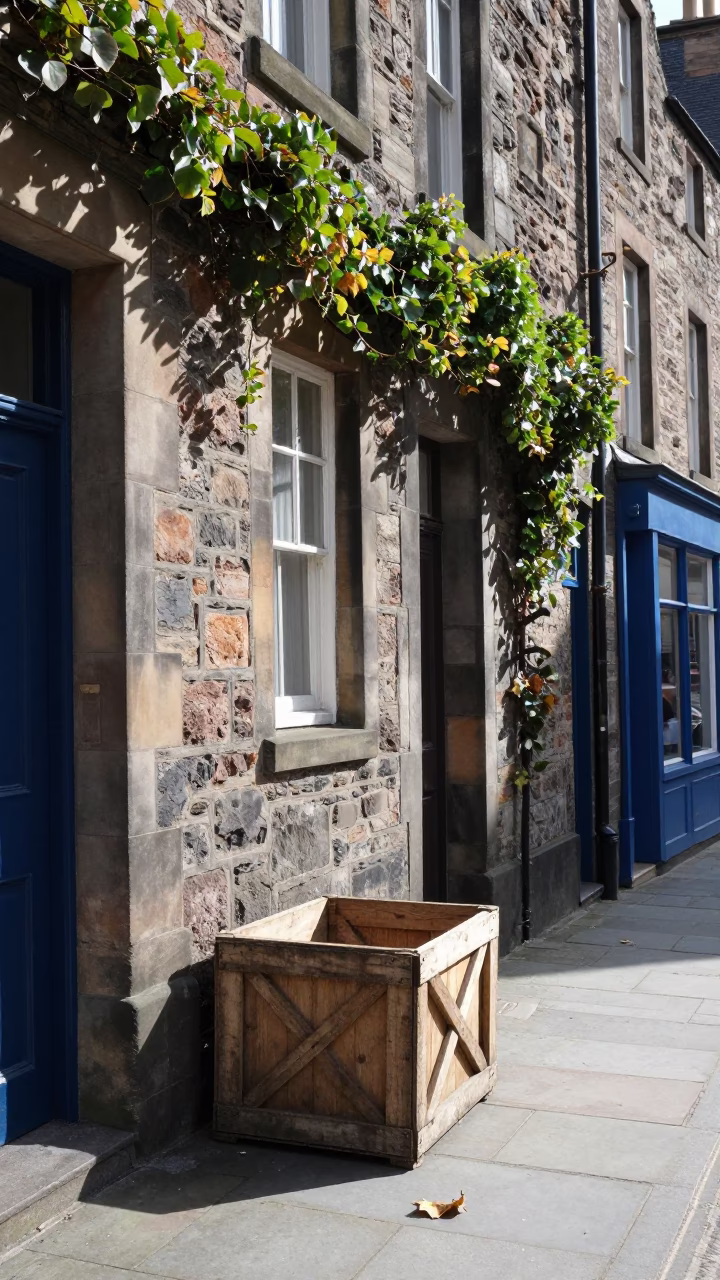 Midday Street Scene in Edinburgh with Wooden Crate and Leaf Shadows in in Edinburgh, United Kingdom