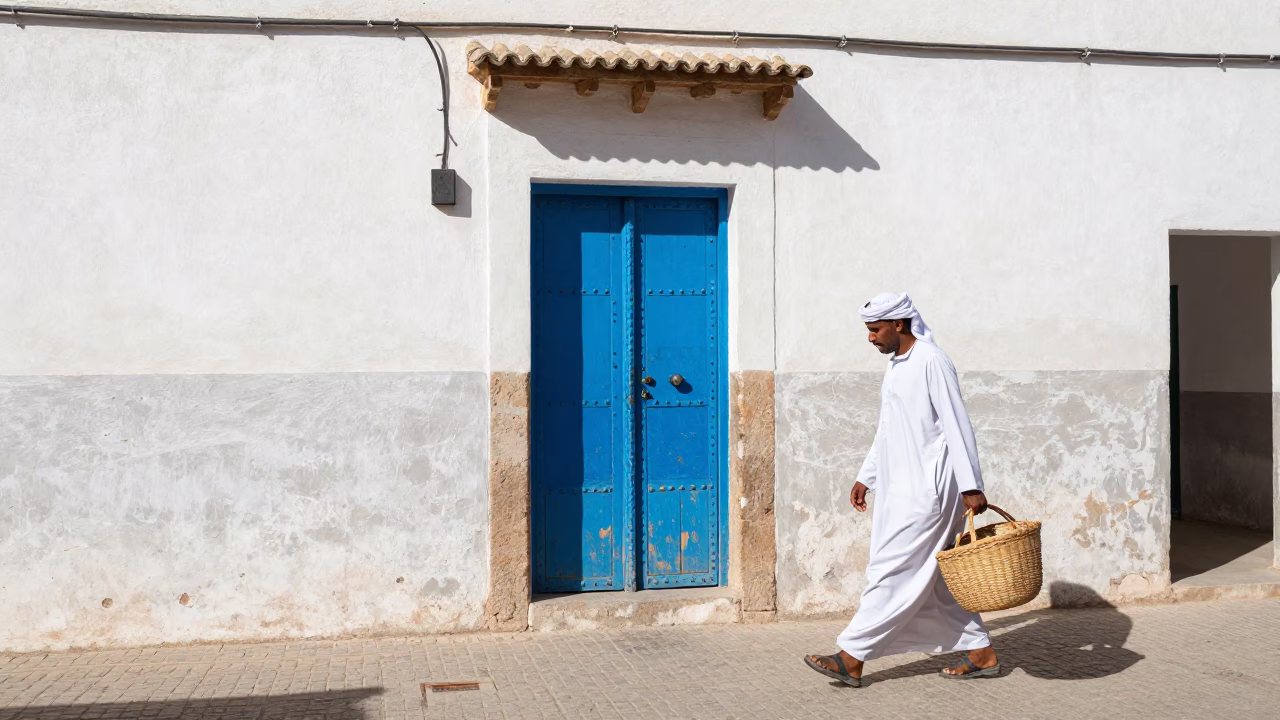 Midday Street Scene in Essaouira Morocco with Blue Door and Local Life in in Essaouira, Morocco