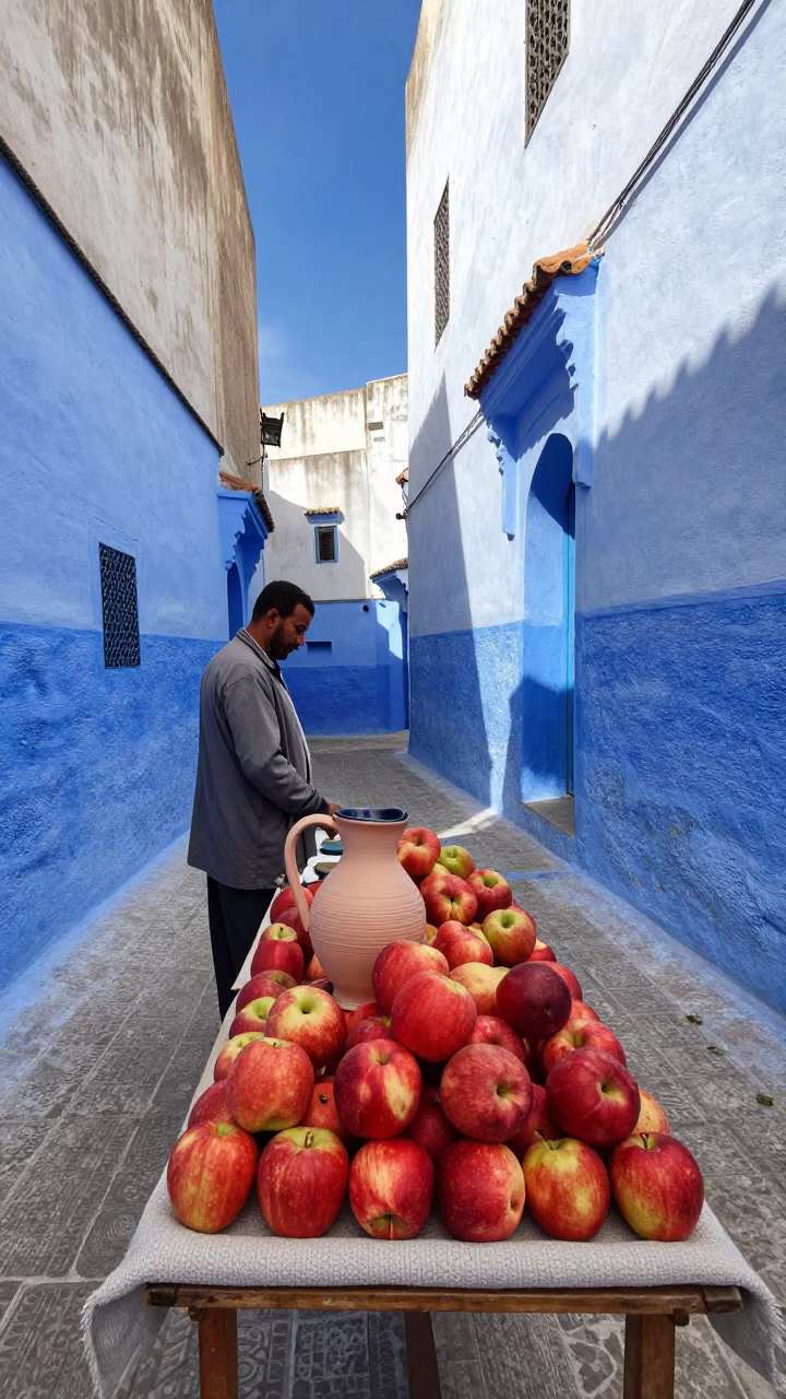 Midday Street Scene in Essaouira Morocco with Ceramic Pitcher and Apples in in Essaouira, Morocco