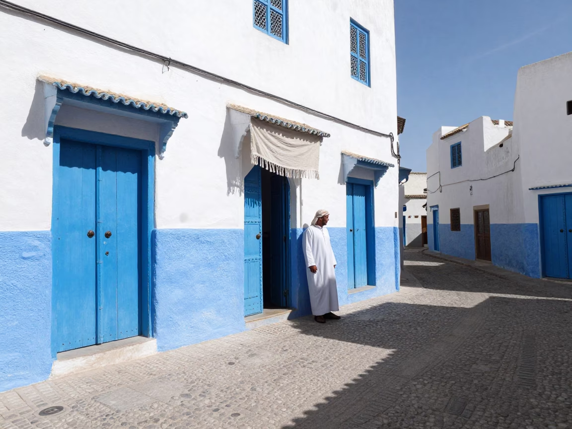 Midday street scene in Essaouira Morocco with linen fringe and local life in in Essaouira, Morocco