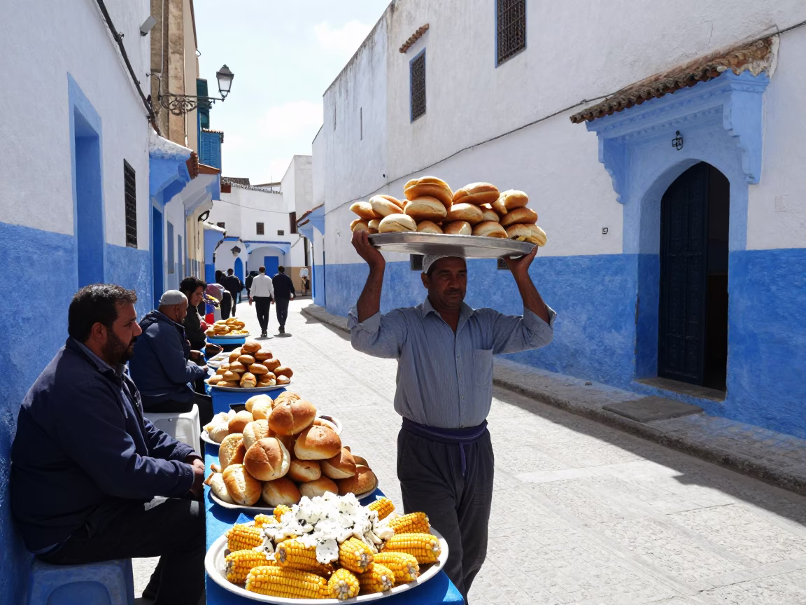 Midday Street Scene in Essaouira Morocco with Local Food and Daily Life in in Essaouira, Morocco