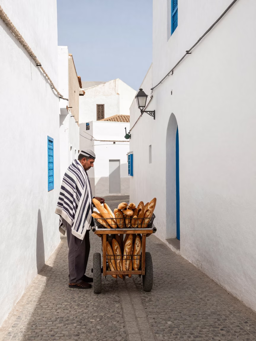 Midday Street Scene in Essaouira Morocco with Striped Towel and Baguettes in in Essaouira, Morocco