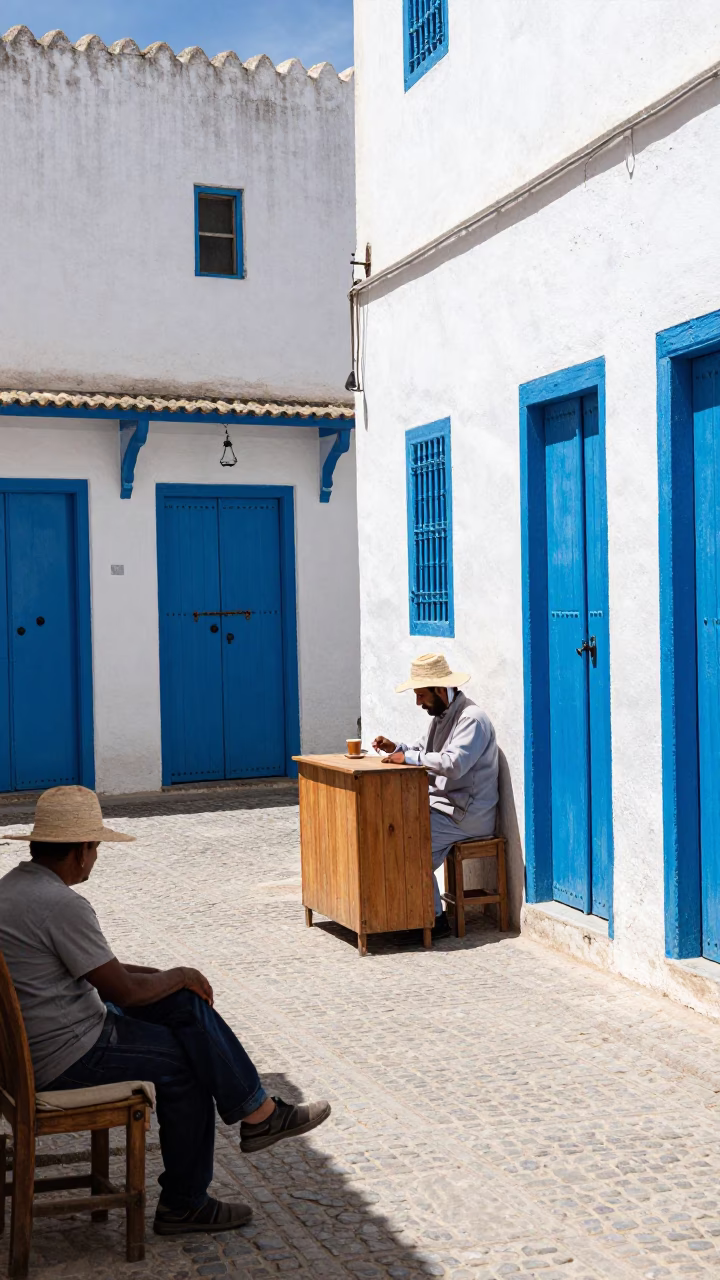 Midday Street Scene in Essaouira Morocco with Sun Hat and Coffee Mugs in in Essaouira, Morocco