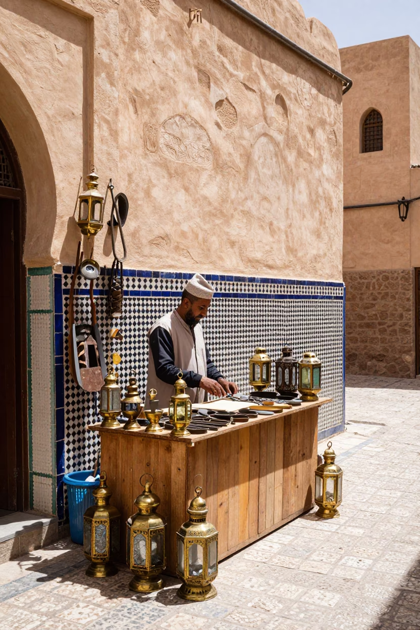 Midday Street Scene in Fez Morocco with Artisan Tools and Local Commerce in in Fez, Morocco