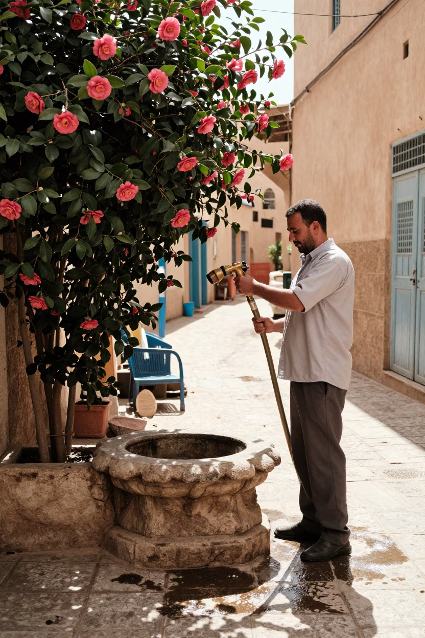 Midday Street Scene in Fez Morocco with Hose Nozzle and Camellia in in Fez, Morocco