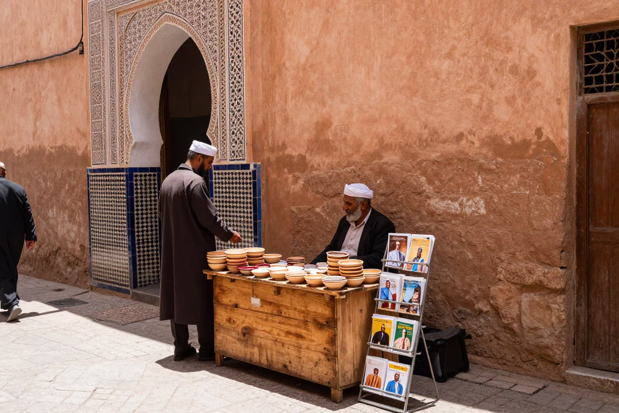 Midday Street Scene in Fez Morocco with Local Vendor and Traditional Architecture in in Fez, Morocco