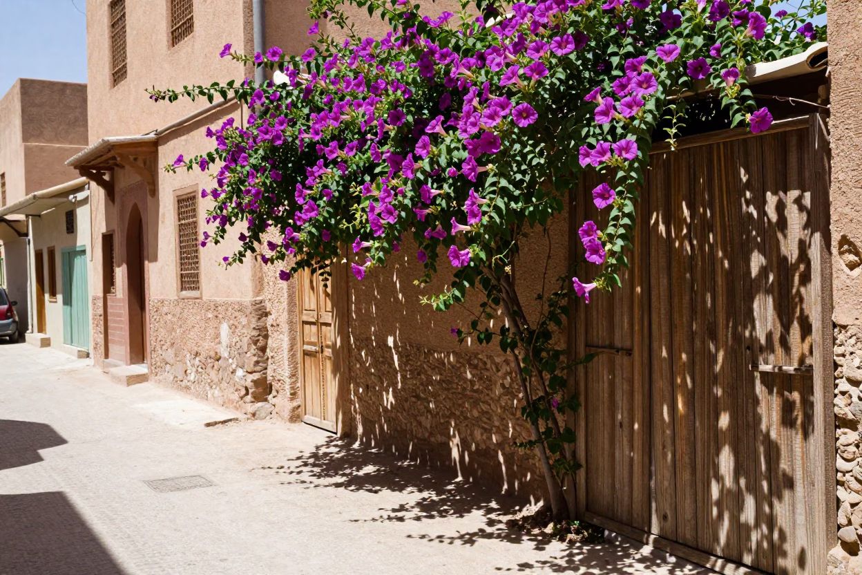Midday Street Scene in Fez Morocco with Morning Glory Vine and Traditional Architecture in in Fez, Morocco