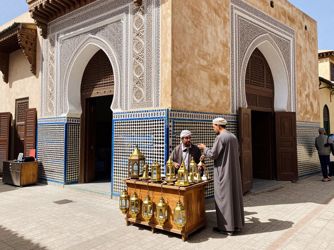 Midday Street Scene in Fez Morocco with Traditional Architecture and Local Life in in Fez, Morocco