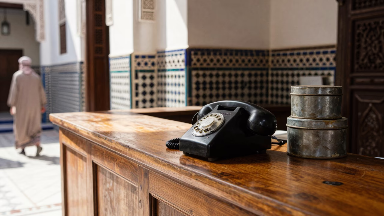 Midday Street Scene in Fez Morocco with Vintage Bakelite Telephone on Hotel Reception Desk in in Fez, Morocco