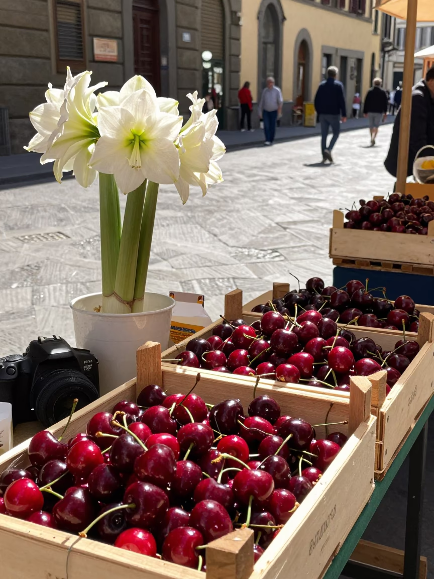 Midday Street Scene in Florence Italy with Amaryllis and Cherry Vendor in in Florence, Italy
