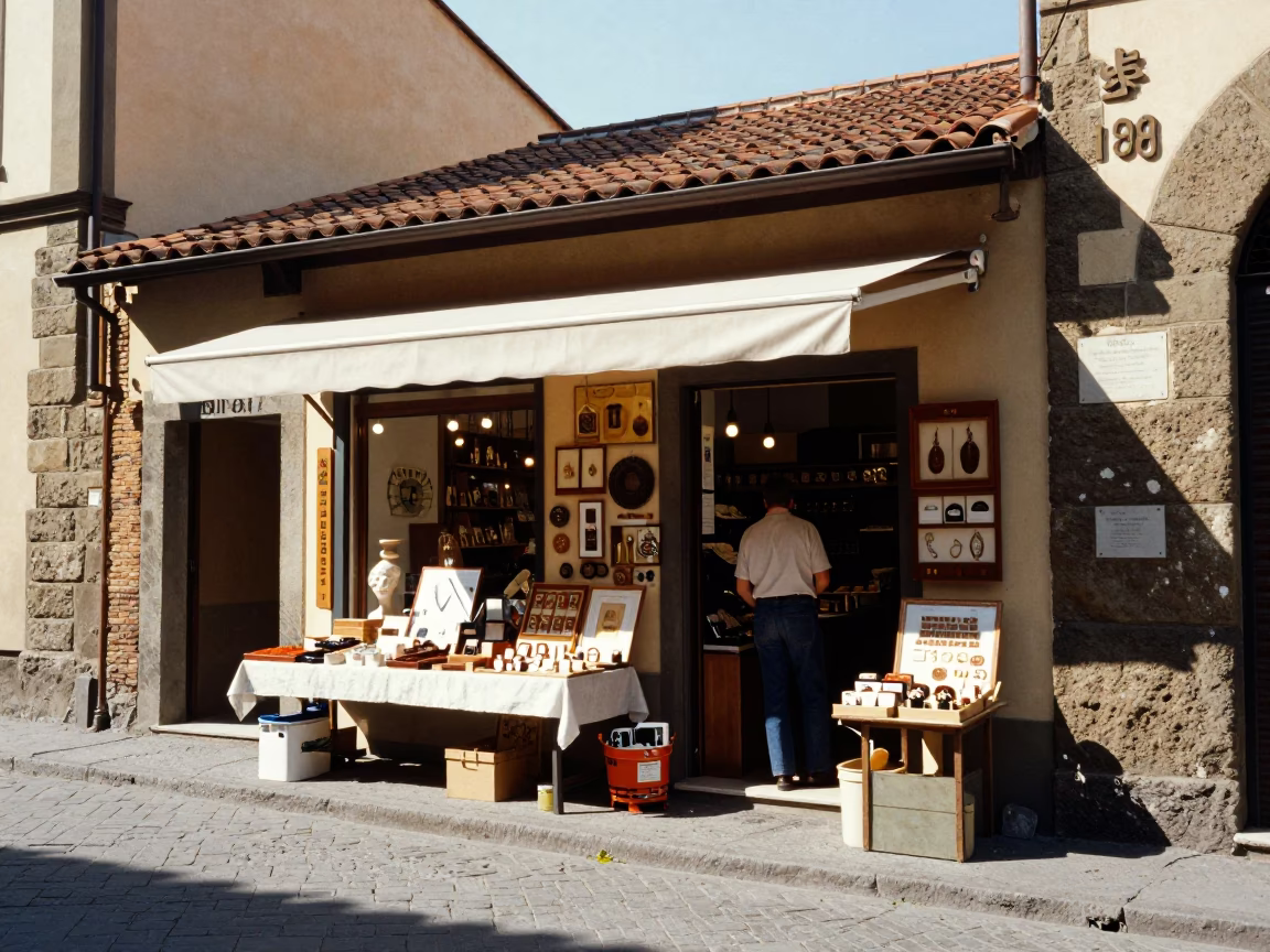 Midday street scene in Florence Italy with artisan shop display and historic architecture in in Florence, Italy