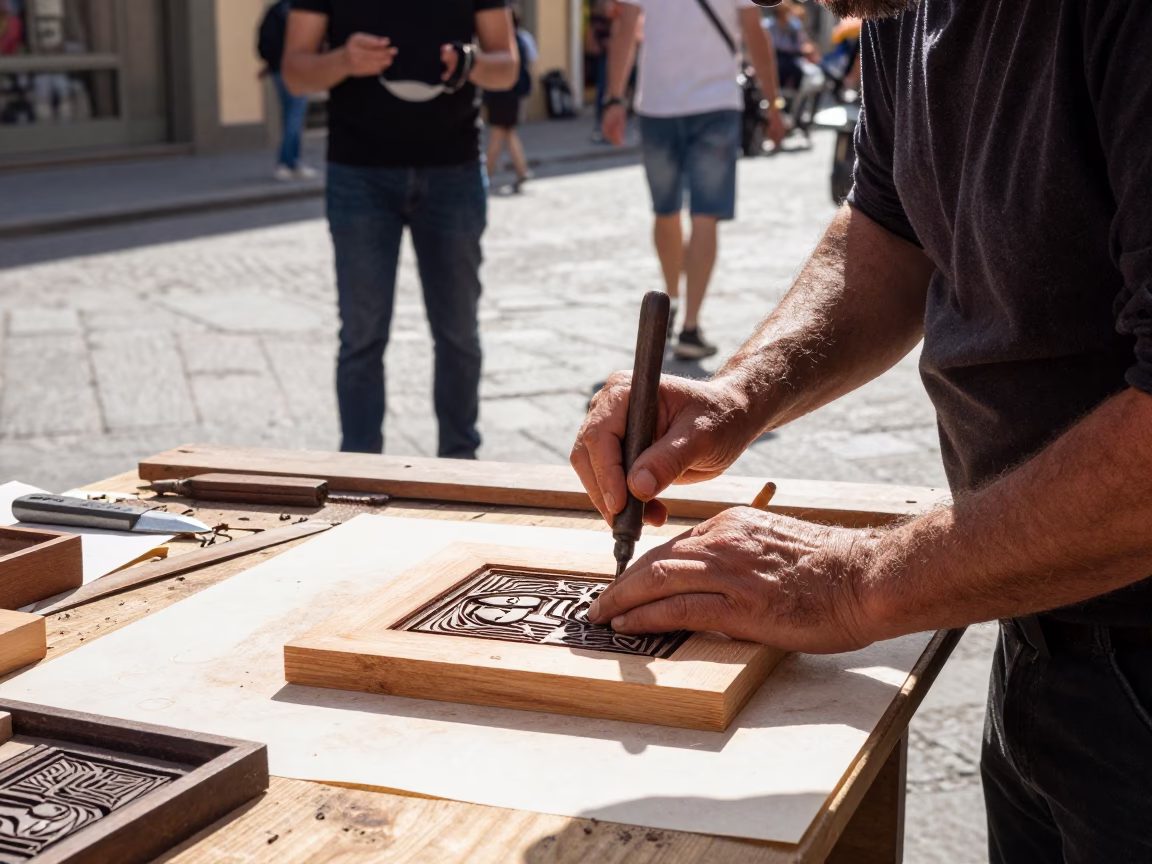 Midday Street Scene in Florence Italy with Artisan Woodblock Printmaker Carving Plate in in Florence, Italy
