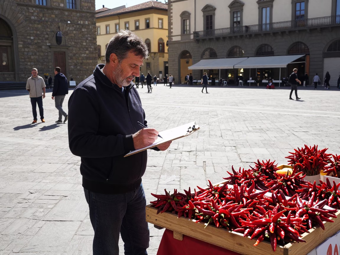 Midday Street Scene in Florence Italy with Clipboard and Chili Peppers in in Florence, Italy