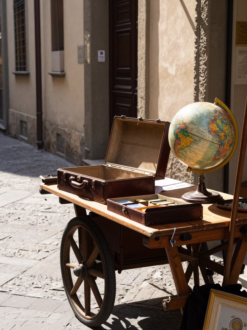 Midday Street Scene in Florence Italy with Hatbox and Classroom Globe in in Florence, Italy