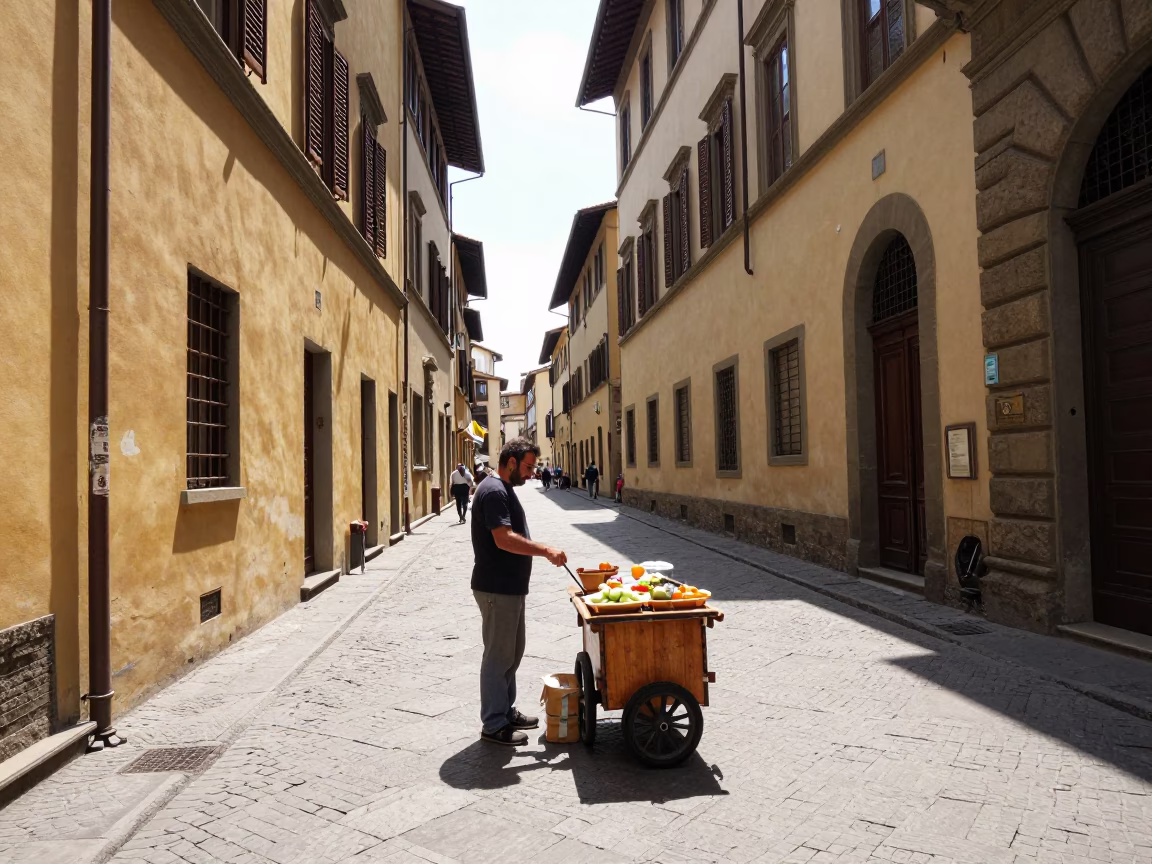 Midday Street Scene in Florence Italy with Local Market Vendor and Tourists in in Florence, Italy
