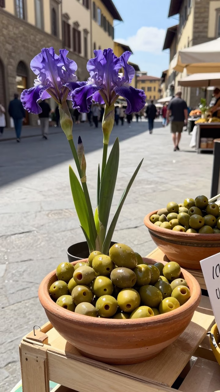 Midday Street Scene in Florence Italy with Olive Dish and Iris Blossoms in in Florence, Italy