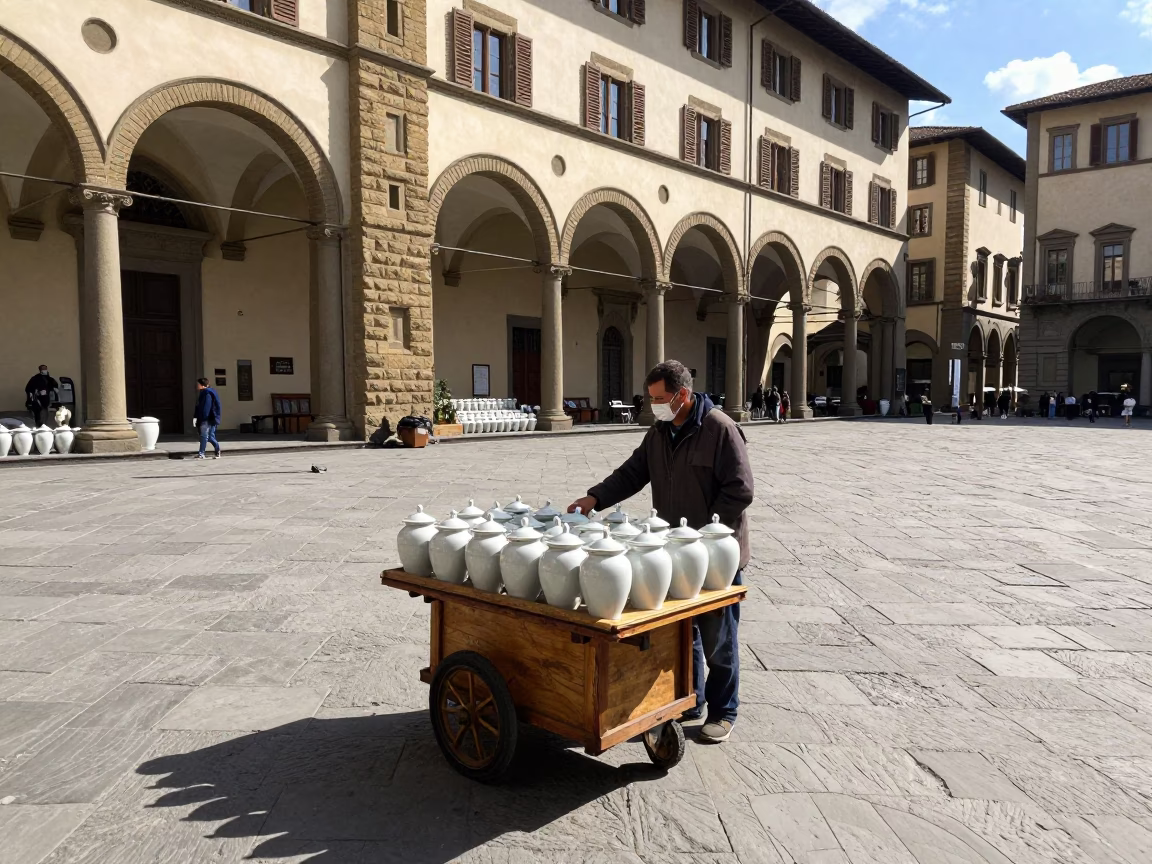 Midday Street Scene in Florence Italy with Porcelain Jars and Urban Details in in Florence, Italy