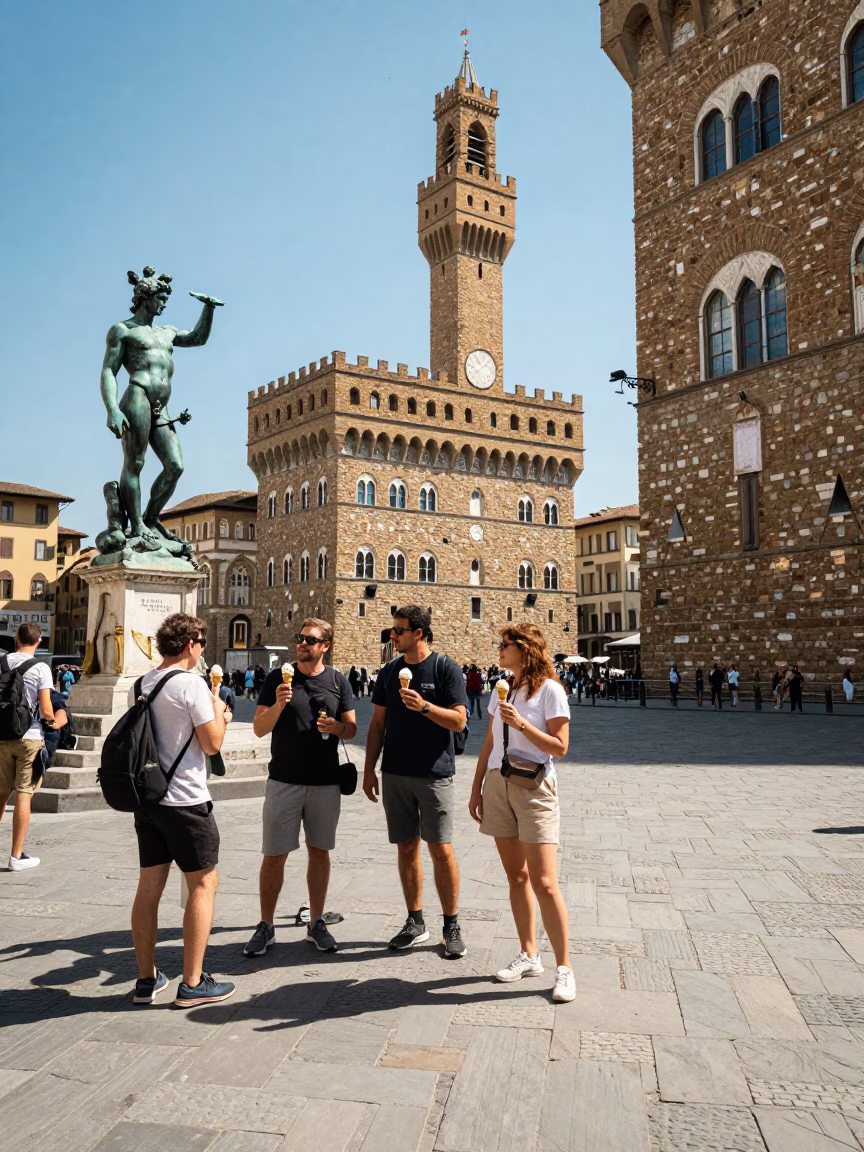 Midday street scene in Florence Italy with tourists and historic architecture in in Florence, Italy