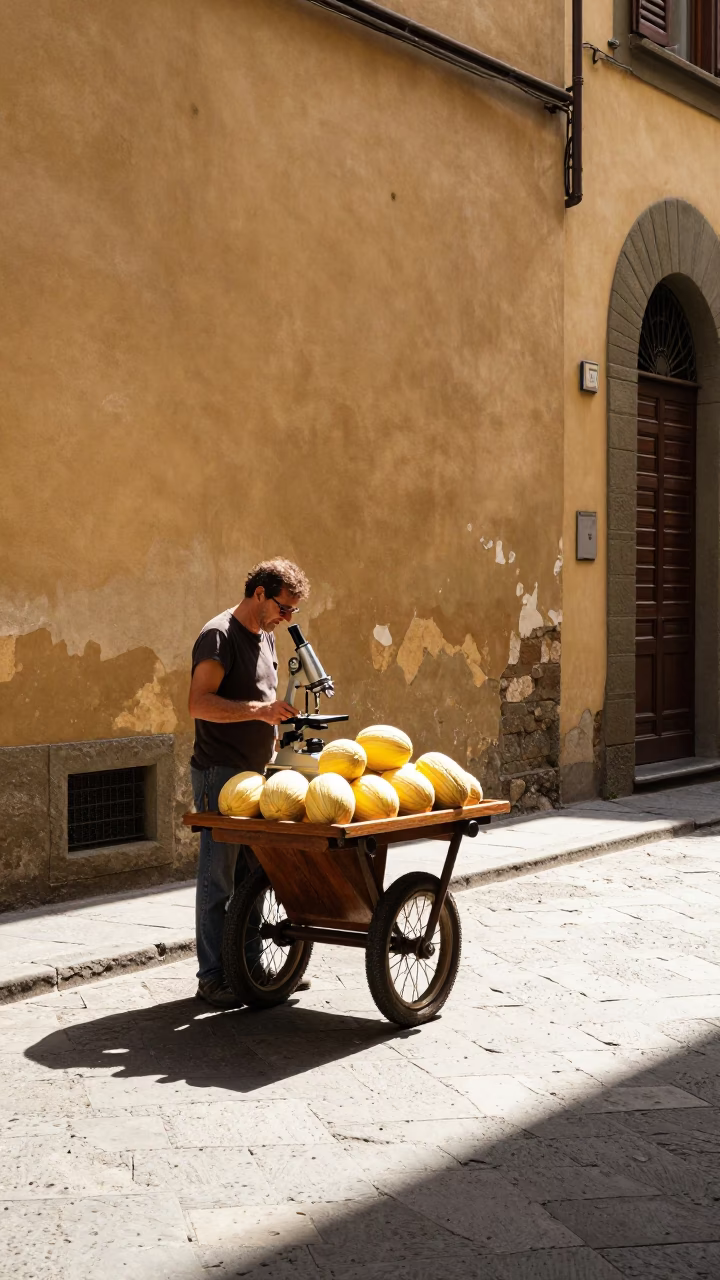 Midday Street Scene in Florence Italy with Vintage Microscope and Melons in in Florence, Italy