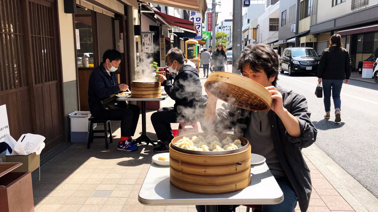 Midday Street Scene in Fukuoka Japan with Bamboo Steamer and Local Dining Culture in in Fukuoka, Japan