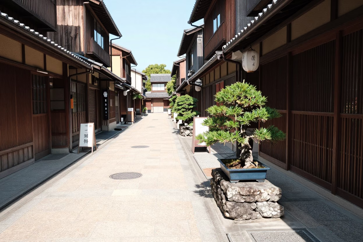 Midday street scene in Fukuoka Japan with bonsai juniper on stone slab in in Fukuoka, Japan