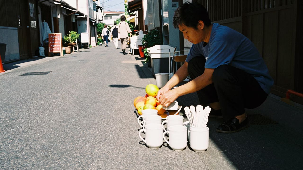 Midday street scene in Fukuoka Japan with ceramic mugs and fruit knife in in Fukuoka, Japan