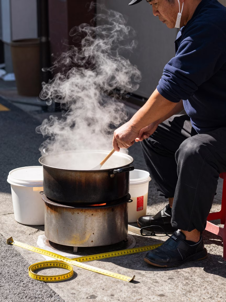 Midday Street Scene in Fukuoka Japan with Cooking Pot and Measuring Tape in in Fukuoka, Japan
