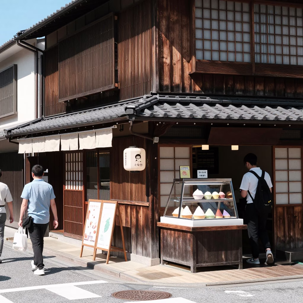 Midday Street Scene in Fukuoka Japan with Gelato Display and Traditional Architecture in in Fukuoka, Japan