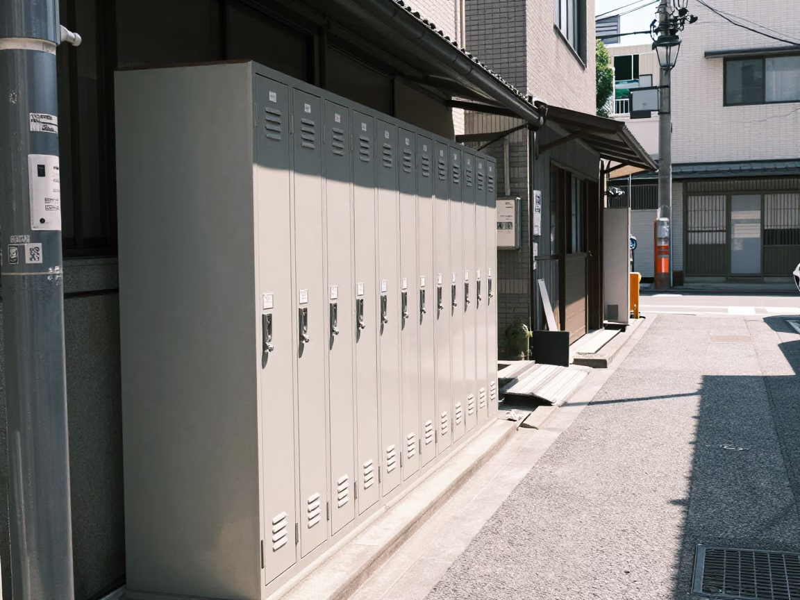 Midday Street Scene in Fukuoka Japan with School Lockers and Local Details in in Fukuoka, Japan