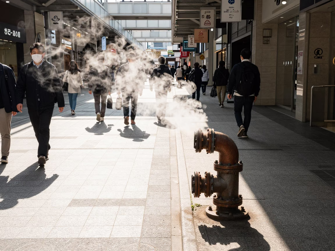 Midday Street Scene in Fukuoka Japan with Steaming District Heating Pipe and Local Life in in Fukuoka, Japan