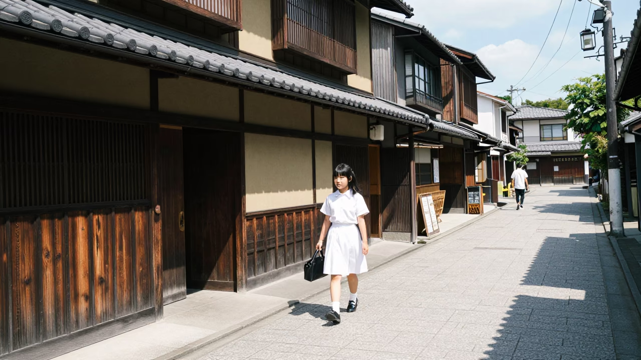 Midday Street Scene in Fukuoka Japan with Vintage 1960s Atmosphere and Local Details in in Fukuoka, Japan