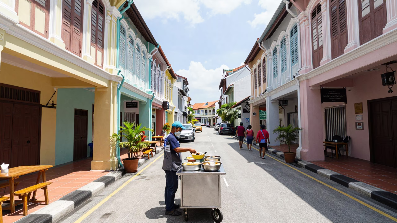 Midday Street Scene in George Town Malaysia with Colorful Shopfronts and Local Life in in George Town, Malaysia