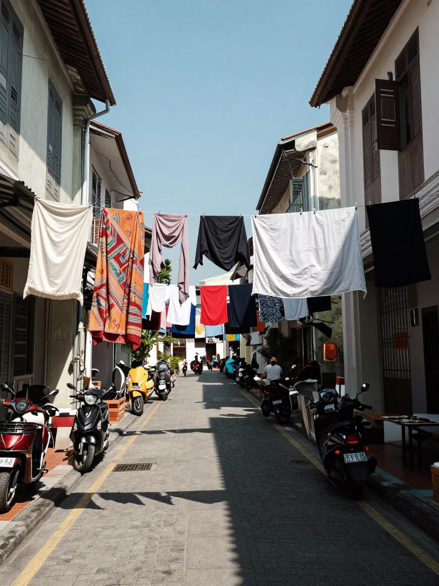 Midday Street Scene in George Town Malaysia with Hanging Laundry and Traditional Architecture in in George Town, Malaysia