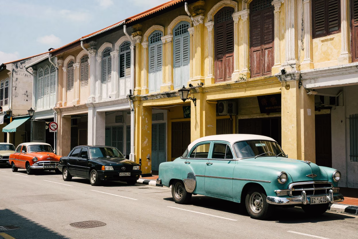 Midday Street Scene in George Town Malaysia with Vintage Cars and Shaded Walkways in in George Town, Malaysia