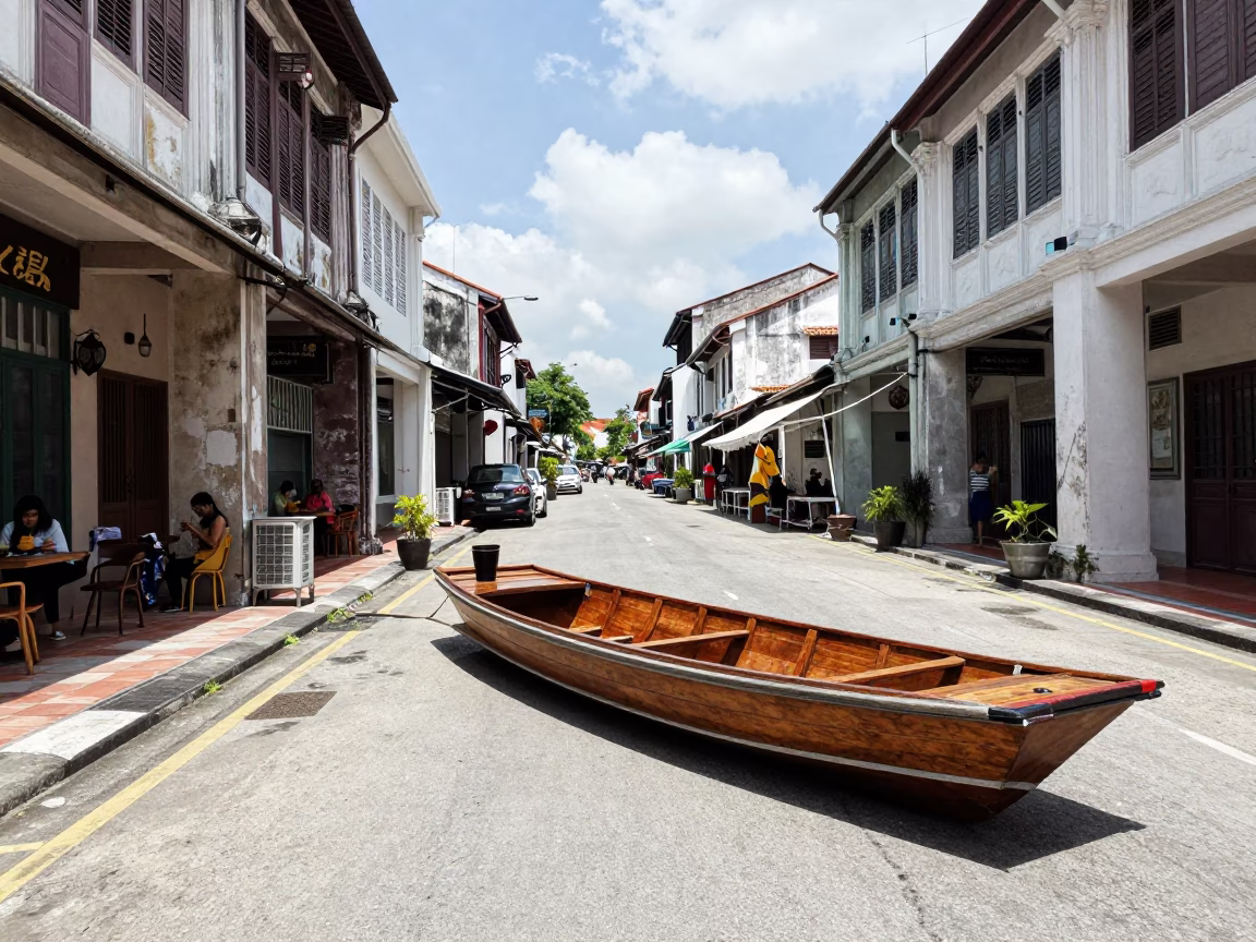 Midday Street Scene in George Town Malaysia with Wooden Boat and Coffee Mugs in in George Town, Malaysia