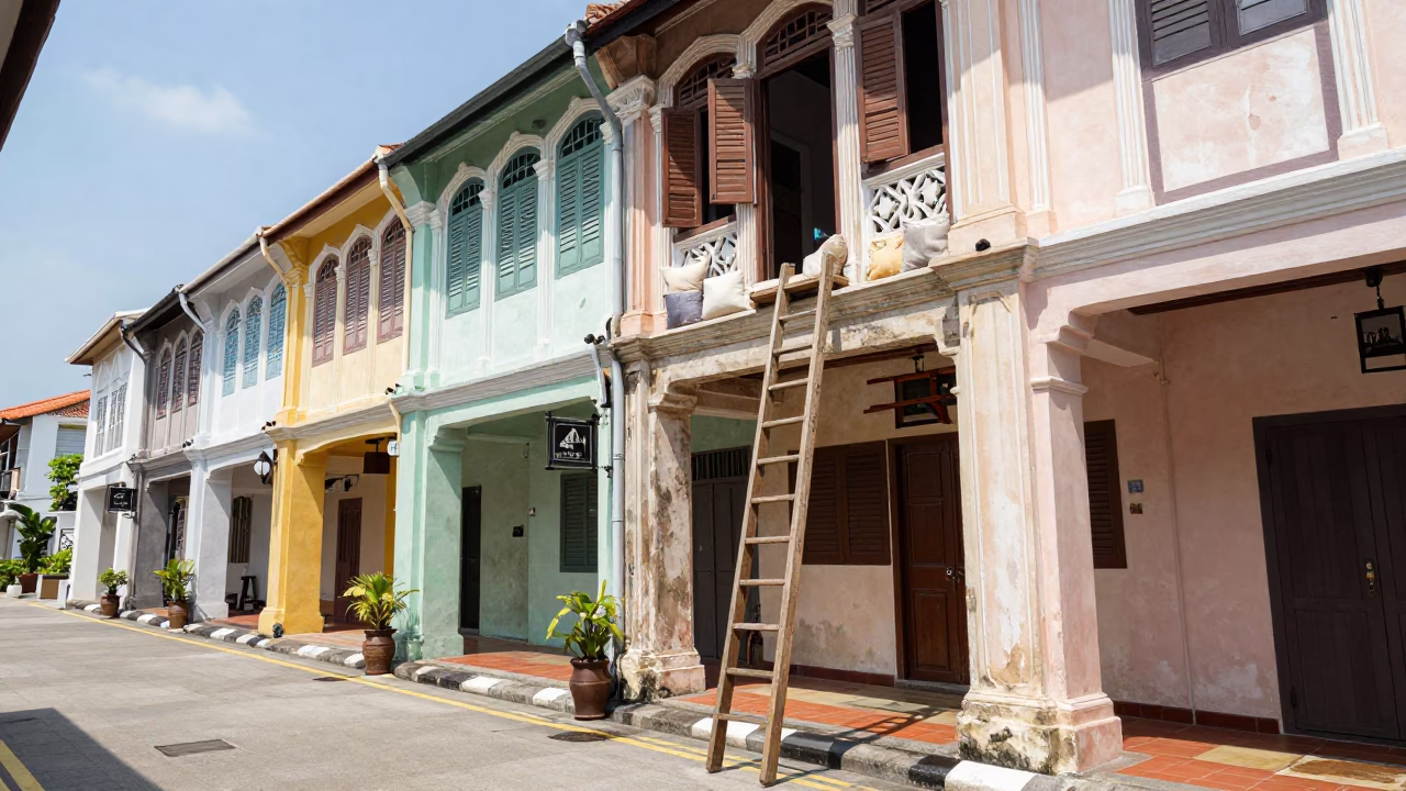 Midday Street Scene in George Town Malaysia with Wooden Ladder and Cushions in in George Town, Malaysia