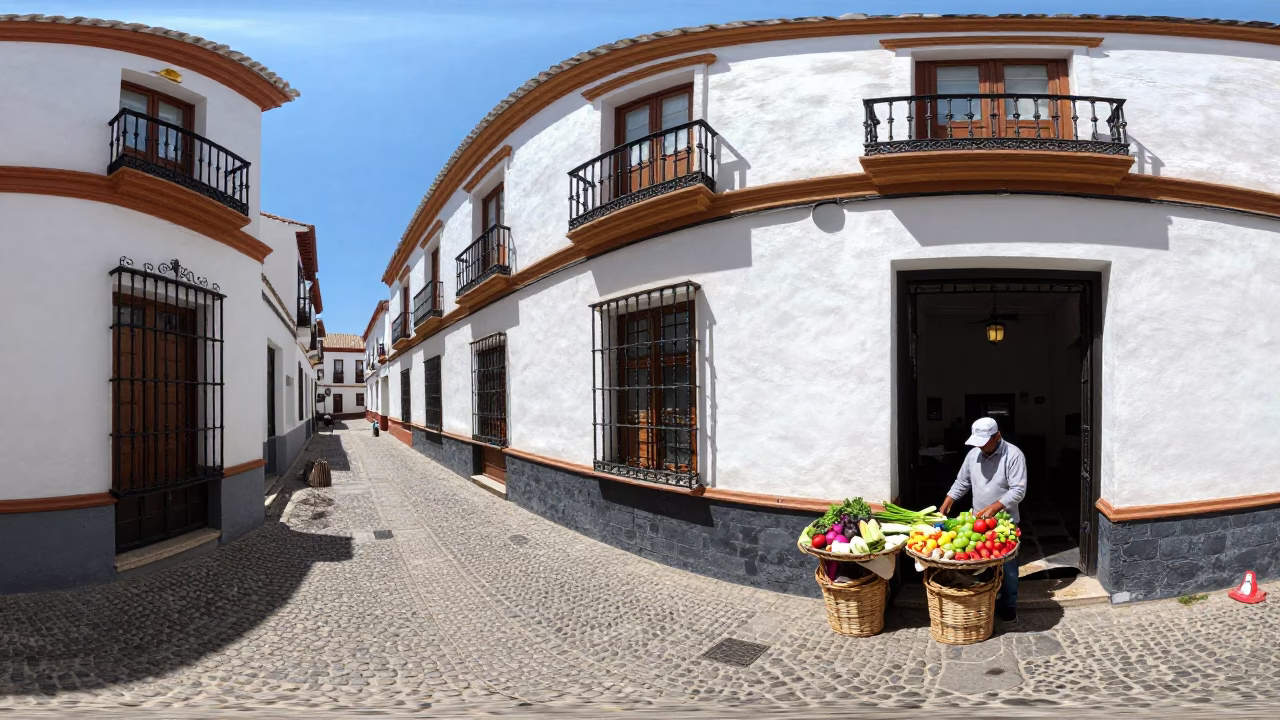 Midday Street Scene in Granada Spain with Basket Tray and Taper Candle in in Granada, Spain