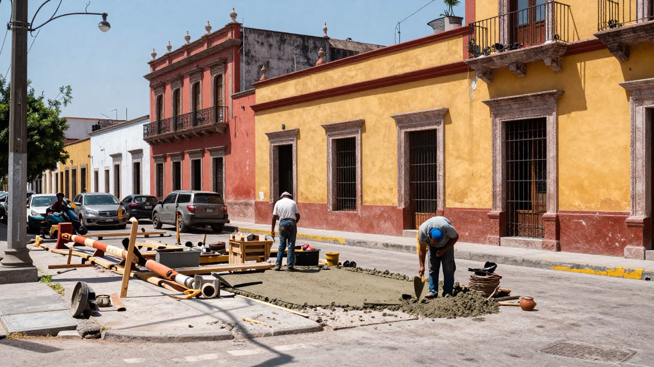 Midday street scene in Guadalajara Mexico with construction work and local details in in Guadalajara, Mexico