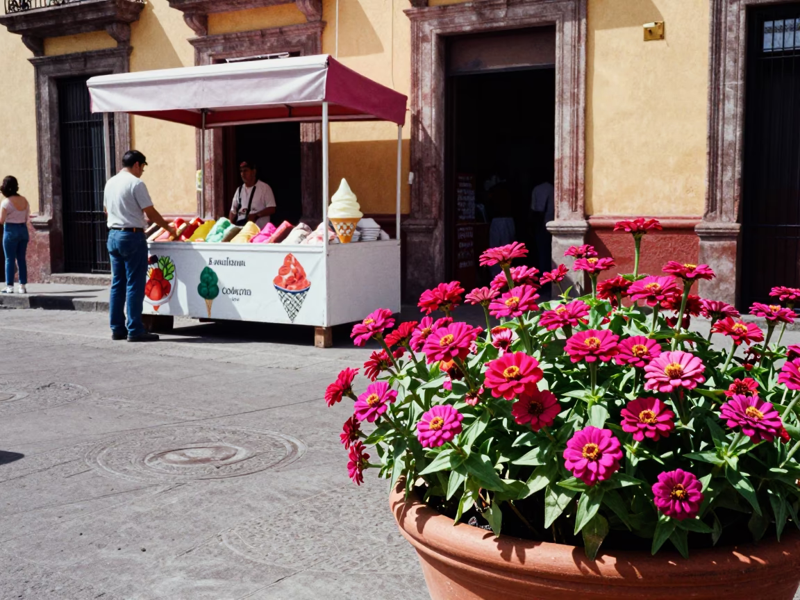 Midday Street Scene in Guadalajara Mexico with Gelato Display and Zinnias in in Guadalajara, Mexico