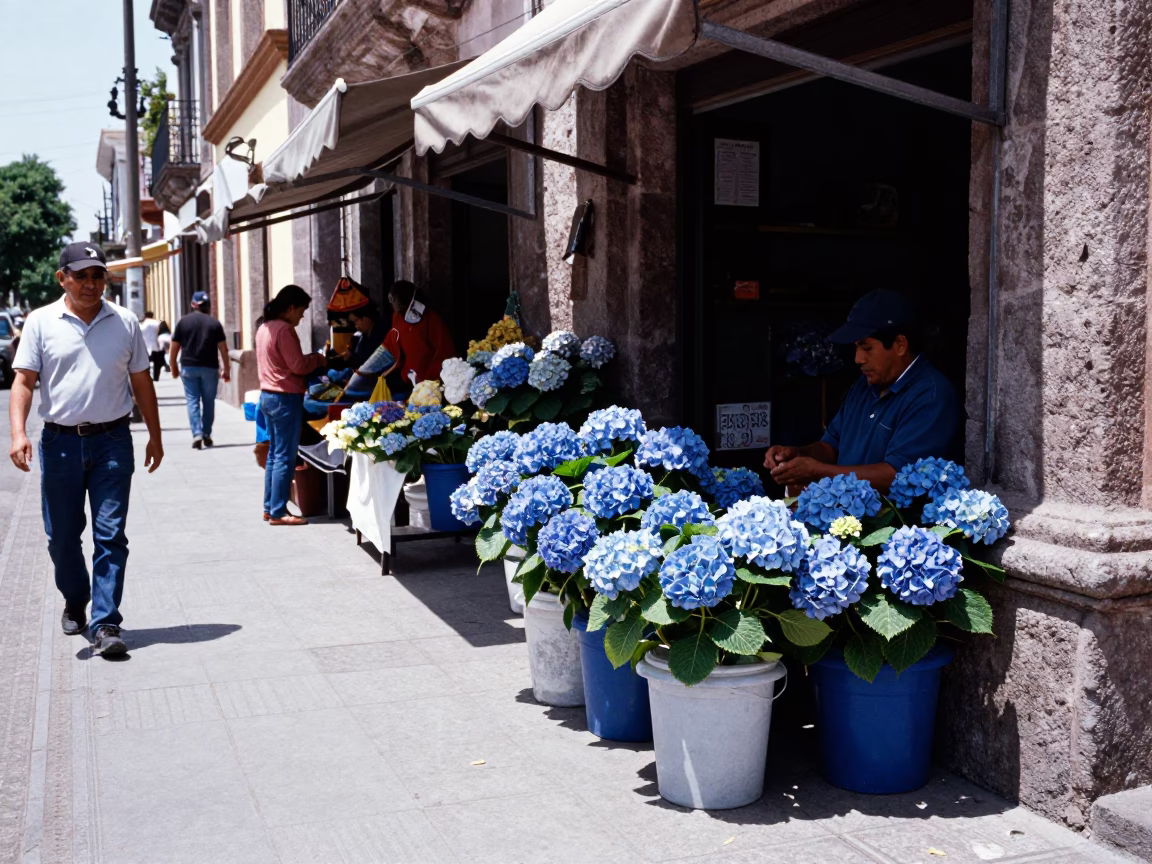 Midday Street Scene in Guadalajara Mexico with Hydrangeas and Local Market Activity in in Guadalajara, Mexico