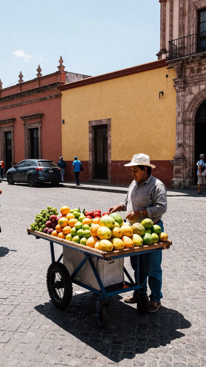 Midday Street Scene in Guadalajara Mexico with Local Market Vendor and Wooden Tray in in Guadalajara, Mexico