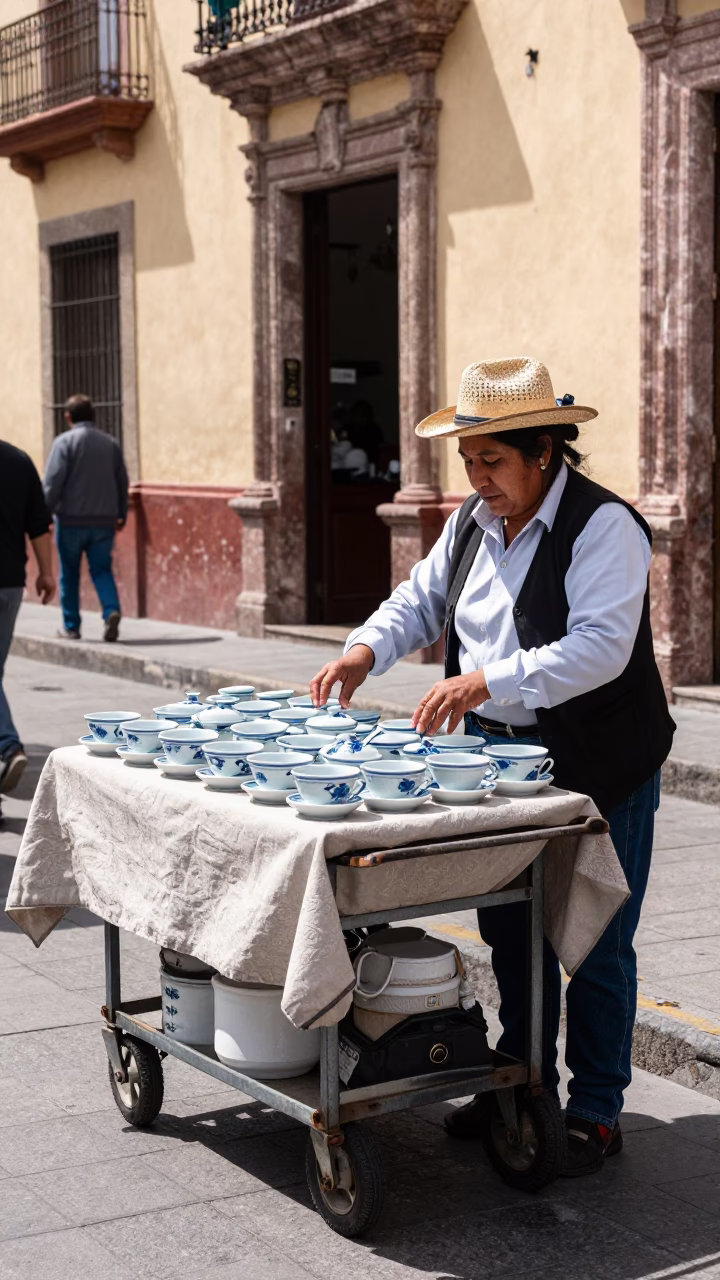 Midday Street Scene in Guadalajara Mexico with Tea Seller and Saucers in in Guadalajara, Mexico