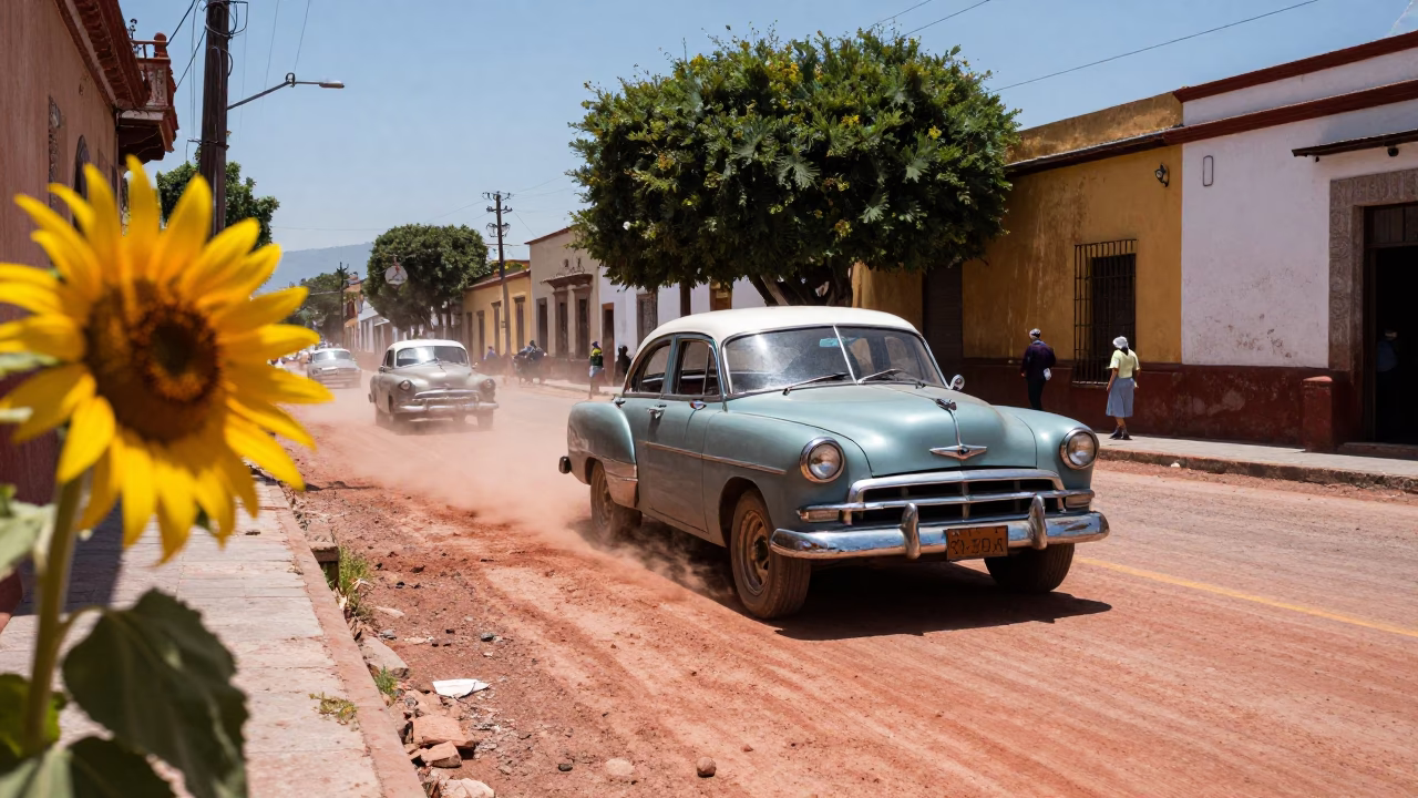 Midday Street Scene in Guadalajara Mexico with Vintage Car and Sunflower Field in in Guadalajara, Mexico