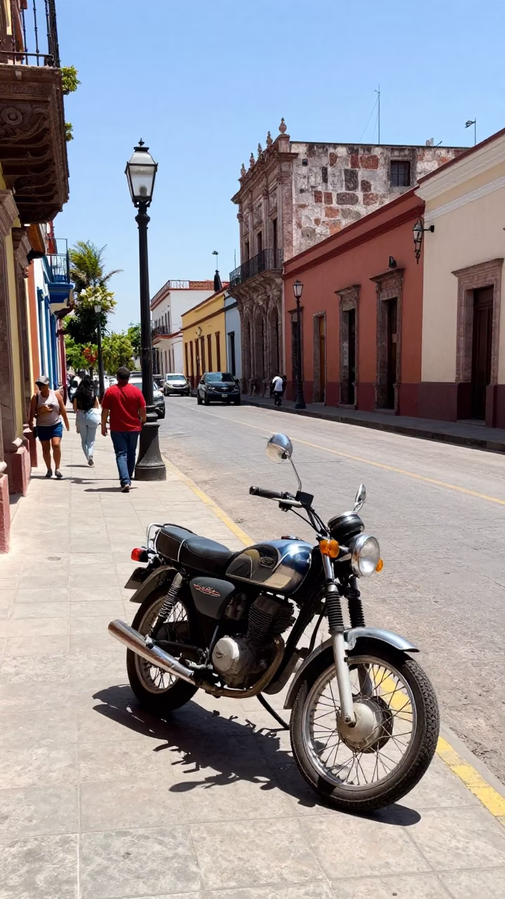 Midday Street Scene in Guadalajara Mexico with Vintage Motorcycle and Local Market Activity in in Guadalajara, Mexico