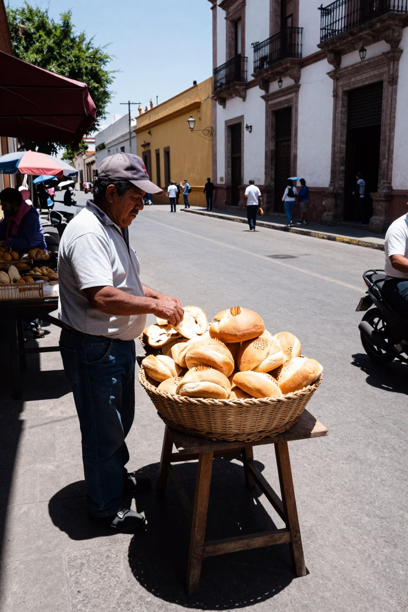 Midday Street Scene in Guadalajara Mexico with Woven Bread Basket and Concrete Wall in in Guadalajara, Mexico