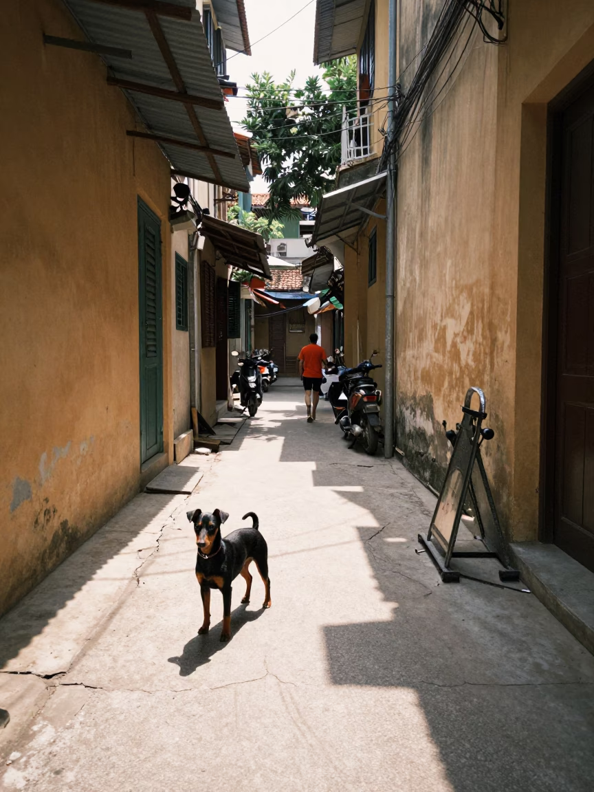 Midday Street Scene in Hanoi Vietnam with Affenpinscher and Iron Deadbolt Detail in in Hanoi, Vietnam
